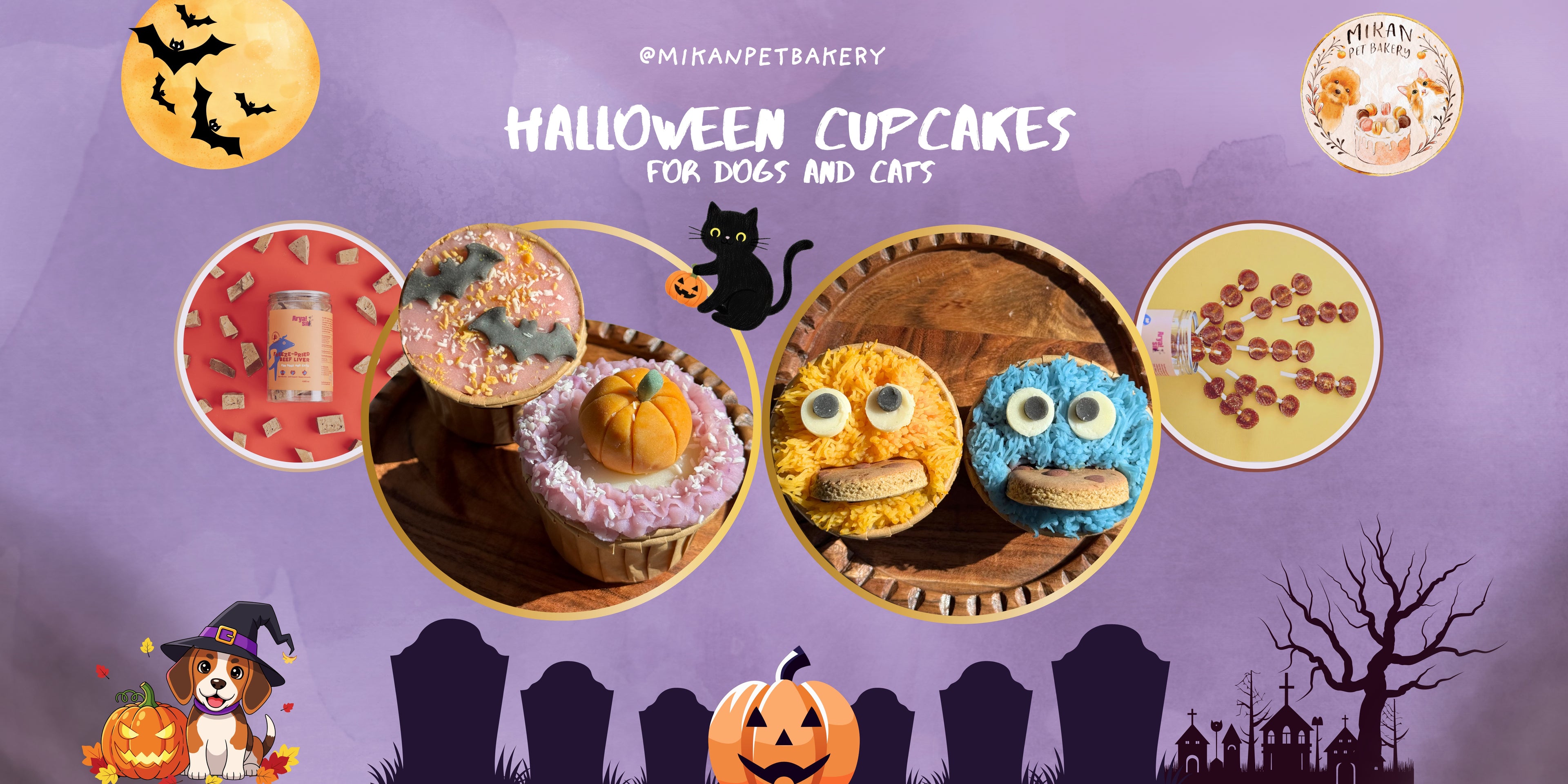 Promotional image of Halloween-themed cupcakes for dogs and cats with a purple background and spooky decorations.